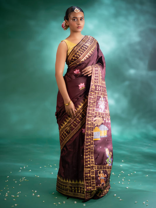 Brown Colour Bangalore Silk Saree With Patta Chitra Hand Painting All Over