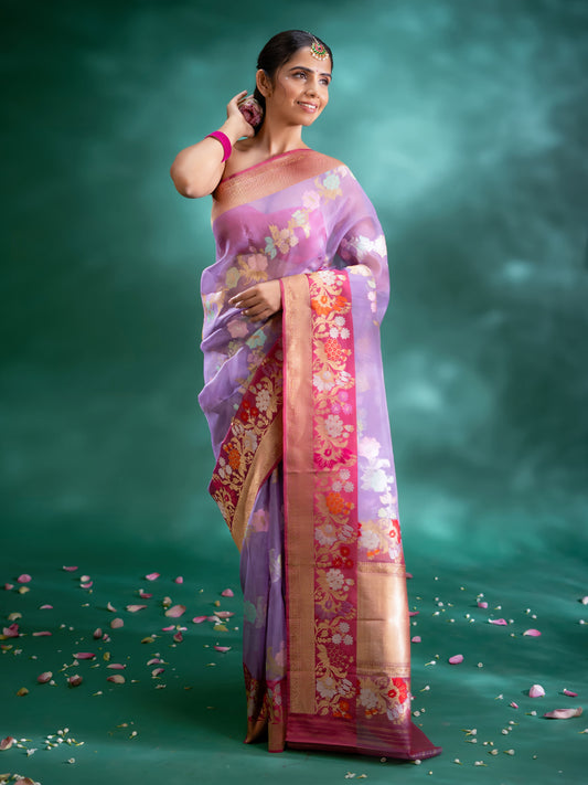 Lavender Colour Organza Silk Saree With Thread Woven Motif