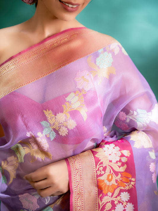 Lavender Colour Organza Silk Saree With Thread Woven Motif