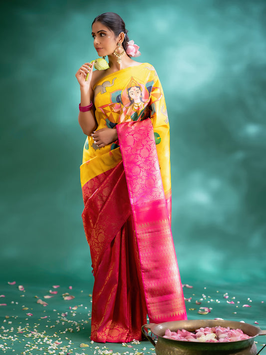 Half & Half Pure Silk Pure Zari Kanchivaram Saree With Hand Painting