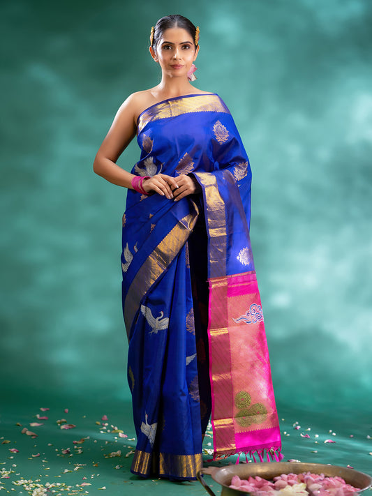 Blue Colour Kanchivaram Silk Saree With Zari & Hand Painting