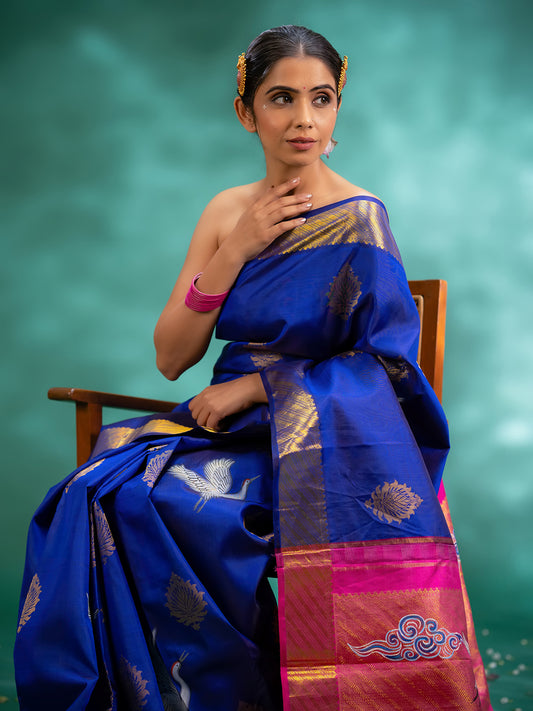 Blue Colour Kanchivaram Silk Saree With Zari & Hand Painting