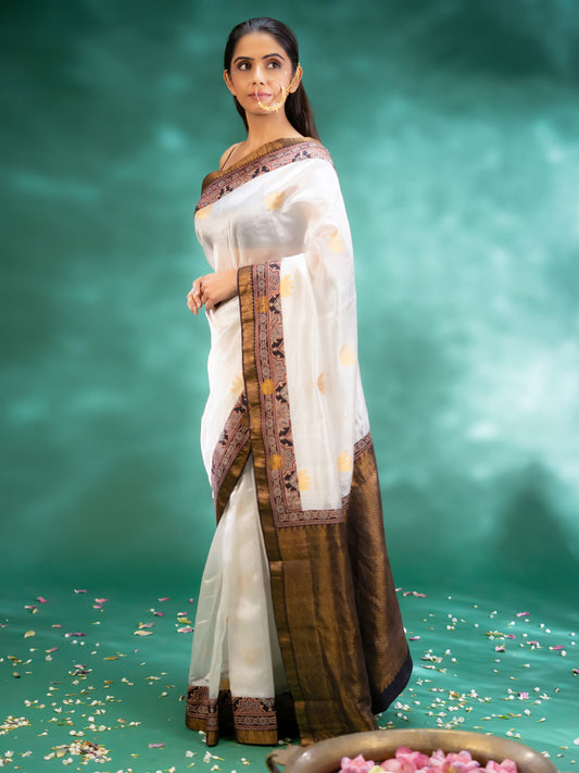 White Colour Chanderi And Kanchivaram Fusion Saree