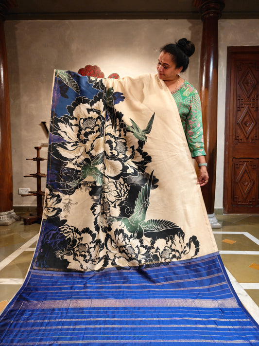 Cream Colour Kanchivaram Silk Saree With Digiral Print All Over Code : KA0391