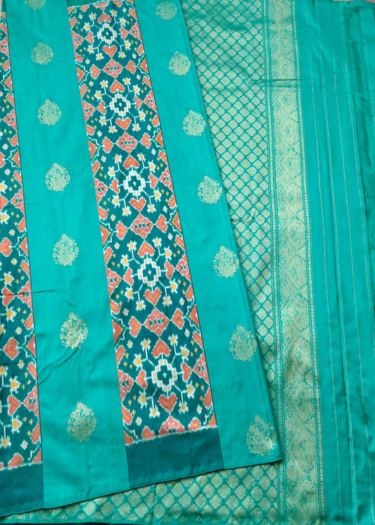 Rama Blue Colour Ikkat Silk Saree With Zari & Ikkat Weaving All Over Code : IK030