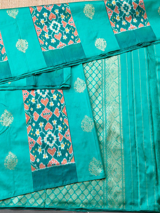 Rama Blue Colour Ikkat Silk Saree With Zari & Ikkat Weaving All Over Code : IK030