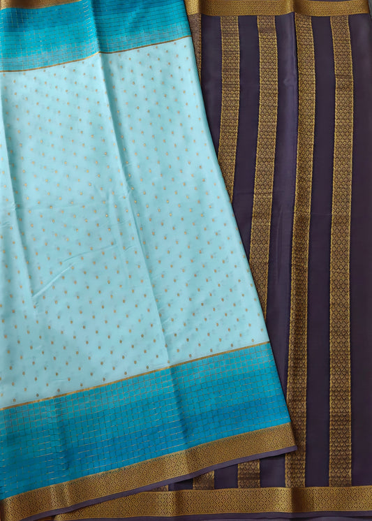 Sea Blue Colour Mysore Crepe Silk Saree With Zari Butta All Over Code : MC005