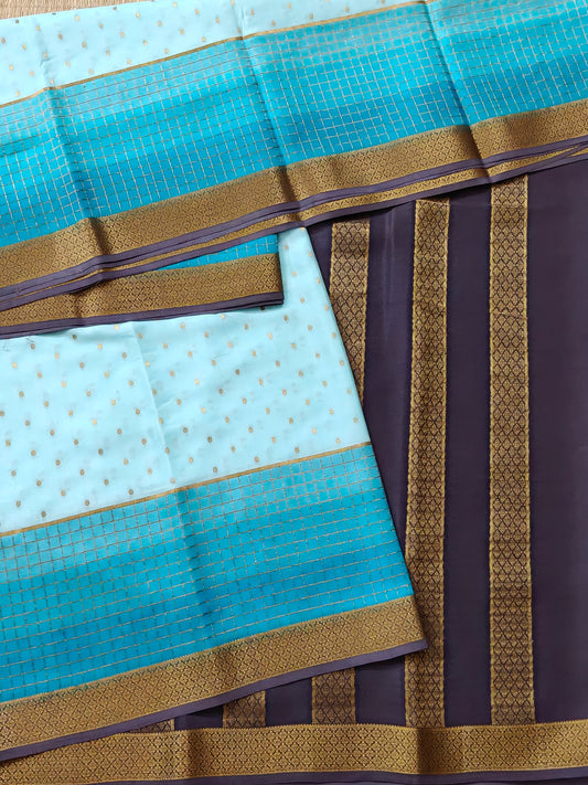 Sea Blue Colour Mysore Crepe Silk Saree With Zari Butta All Over Code : MC005