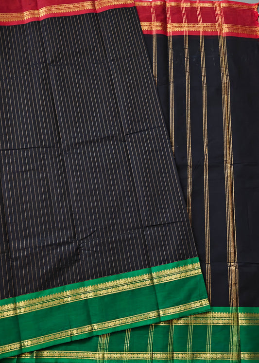 Black colour Cotton Saree With Zari Strips All Over Code : PC007