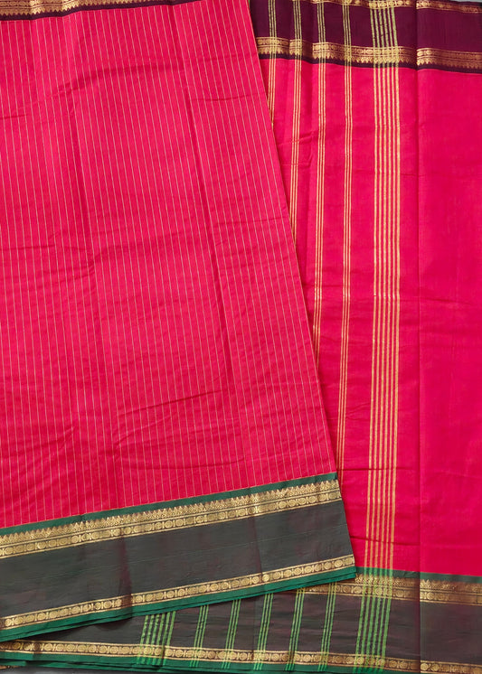 Pinkish Red Colour Cotton Saree With Zari Strips All Over Code : PC0015