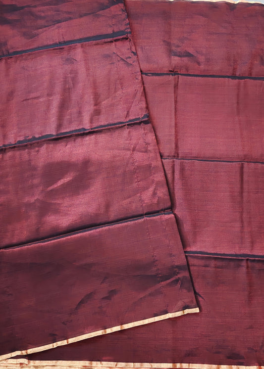 Dark Maroon Colour Tissue Maheshwari Silk Saree With Plain Body Code : VB0463