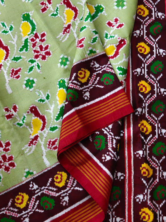 Pista Green Colour Double Ikkat Patn Patola Saree With Ikkat Weaving All Over Code : IK032