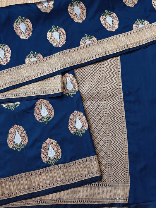 Blue Colour Semi Katan Banarasi Saree With Zari Butta All Over Code : VB0467