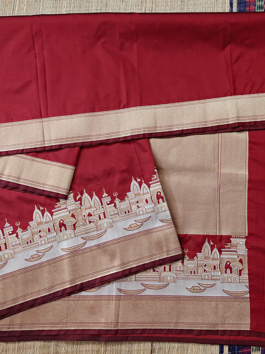 Maroon Colour Semi Katan Banarasi Saree With Plain Body Code : VB0468