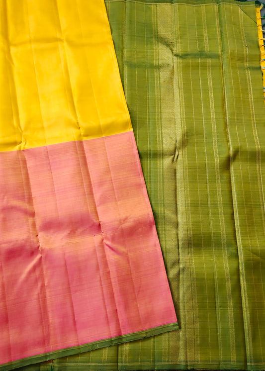 Yellow & Dual Tone Onion Pink Colour Kanchivaram Silk Saree With Plain Body  Code : KA0405