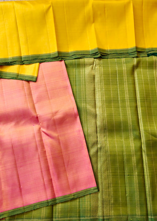 Yellow & Dual Tone Onion Pink Colour Kanchivaram Silk Saree With Plain Body  Code : KA0405