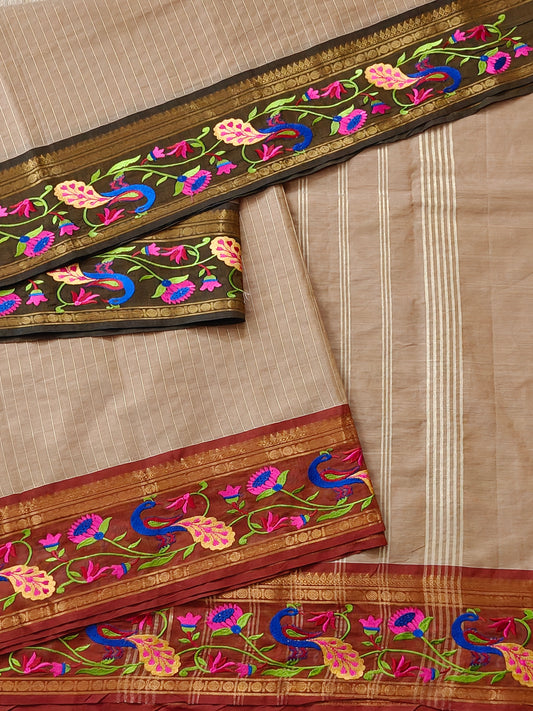Tussar Colour Cotton Saree With Zari Stripes All Over Code : PC011