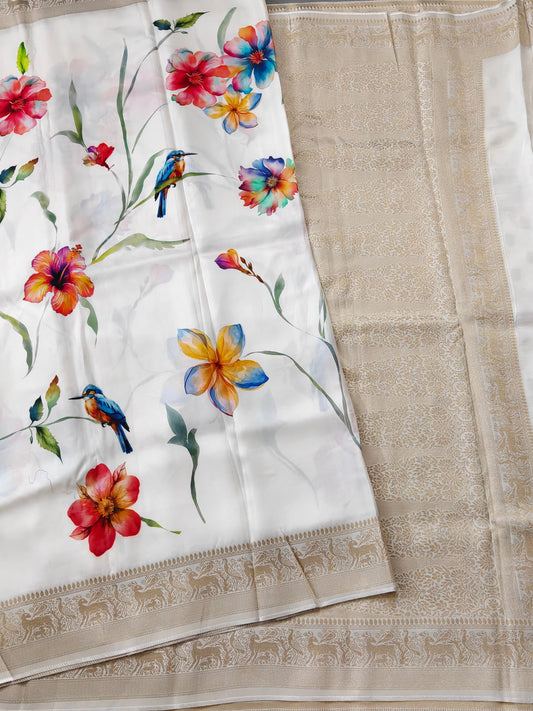 White Colour Dola Silk Saree With Digital Print All Over Code : VB0528