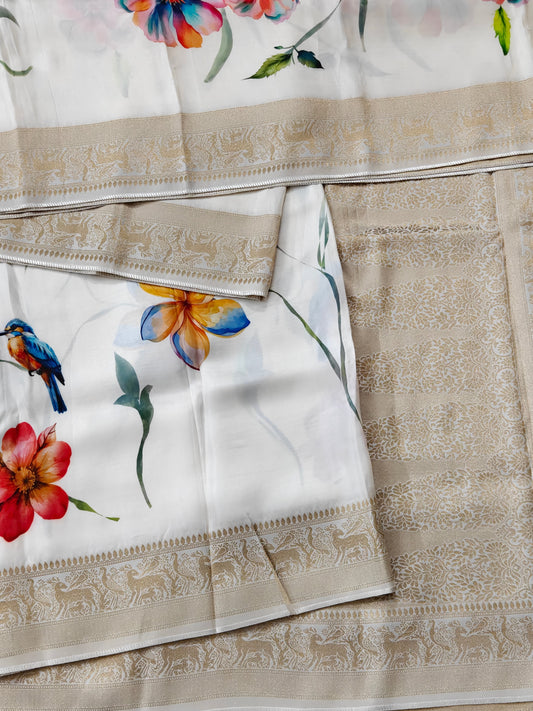 White Colour Dola Silk Saree With Digital Print All Over Code : VB0528