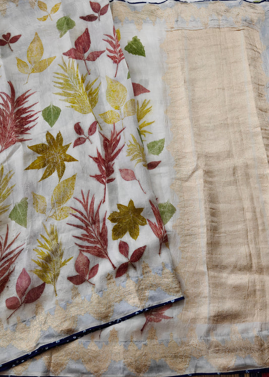 White Colour Murshidabad Silk Saree With Eco Print All Over Code : KA0447