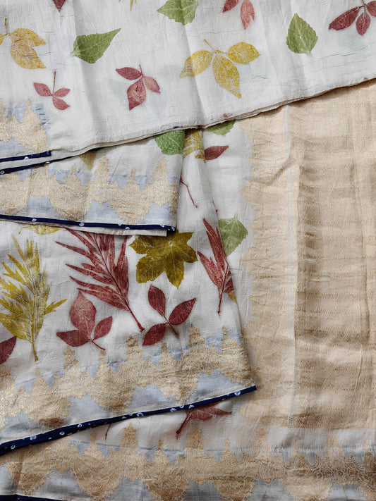 White Colour Murshidabad Silk Saree With Eco Print All Over Code : KA0447