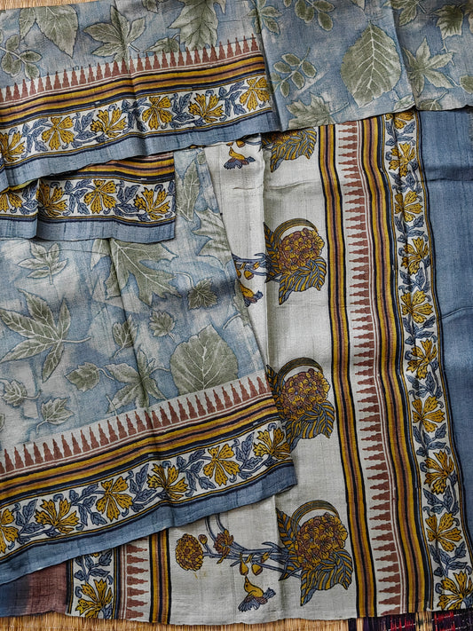 Grey Colour Tussar Silk Saree With Eco Print All Over Code : KT016