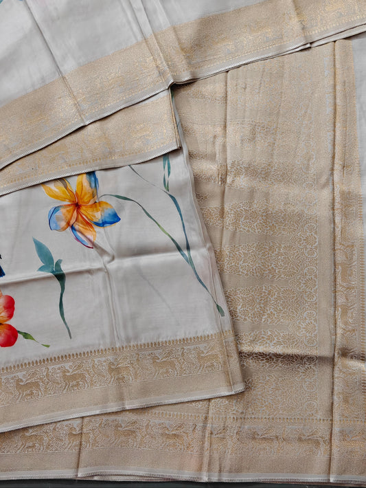 Light Grey Colour Dola Silk Saree with Digital Print All Over Code : VB0534