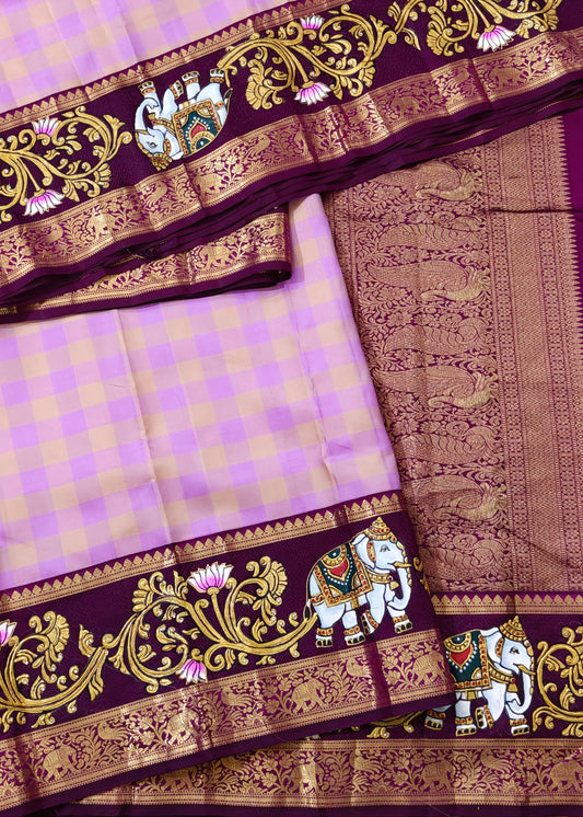 Light lavender colour kanchivaram silk saree with checks all over