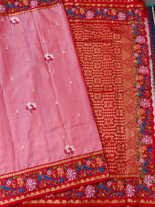 Pink Colour Kanchivaram Silk Saree With Zari & Cross Stitch All Over