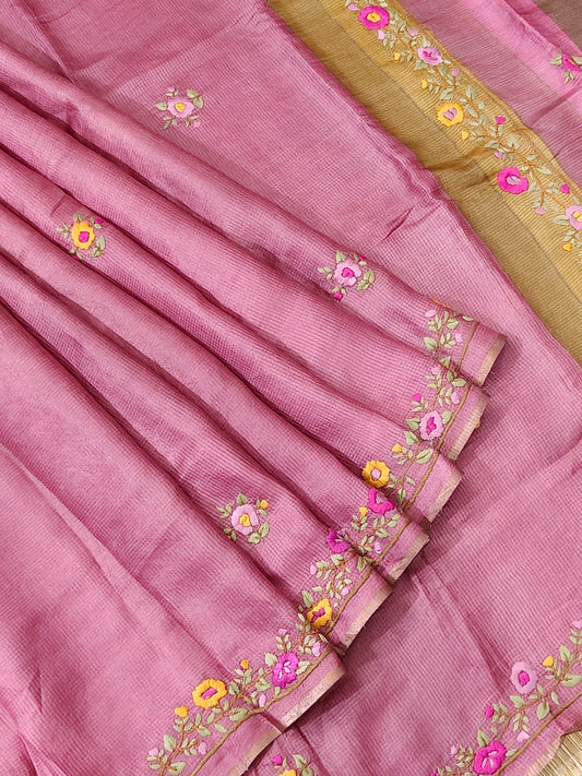 Onion Pink Colour Tussar Silk Saree With Embroidery All Over