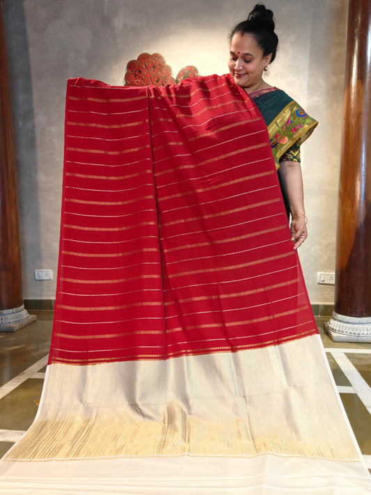 Red Colour Mysore Crepe With Zari Stripes All Over