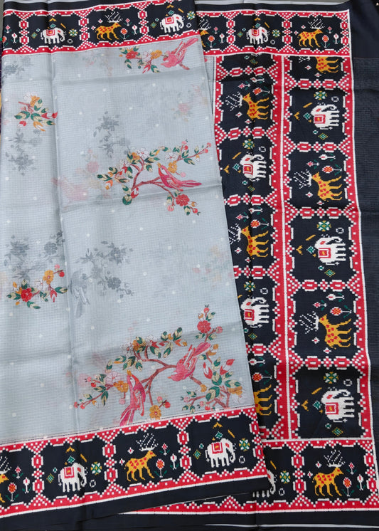 Grey colour semi kota saree with digital print all over