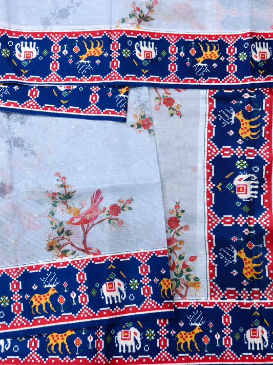 Light Sea Blue Colour Semi Kota Saree With Digital Print All Over