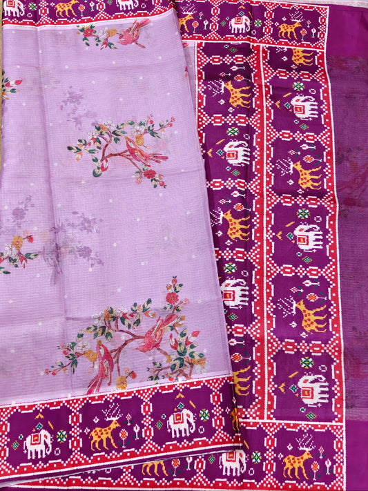Lavender Colour Semi Kota Saree With Digital Print All Over