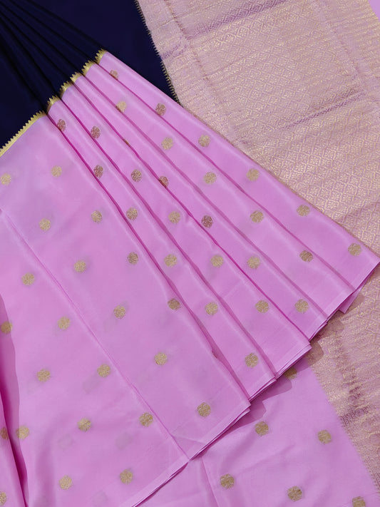 Half And Half Pink And Navy Blue Colour Mysore Crepe With Zari Butta All Over