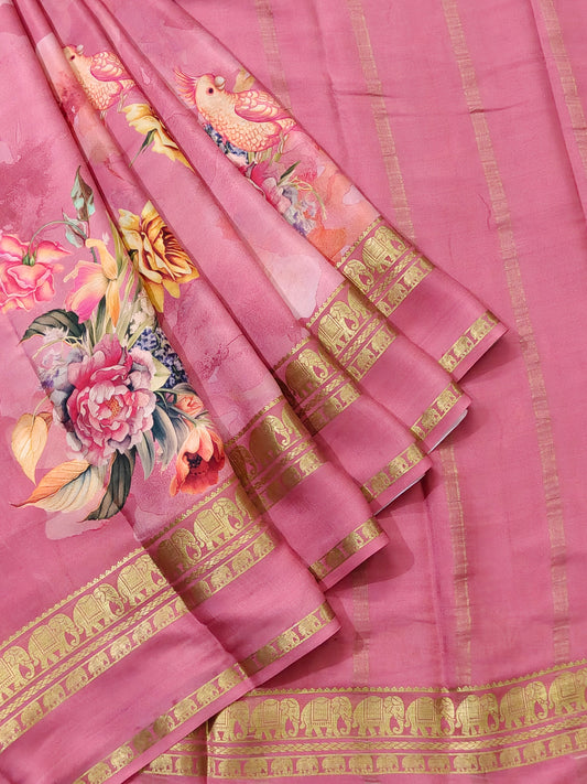 Baby Pink Colour Mysore Crepe Silk Saree With Digital Print All Over