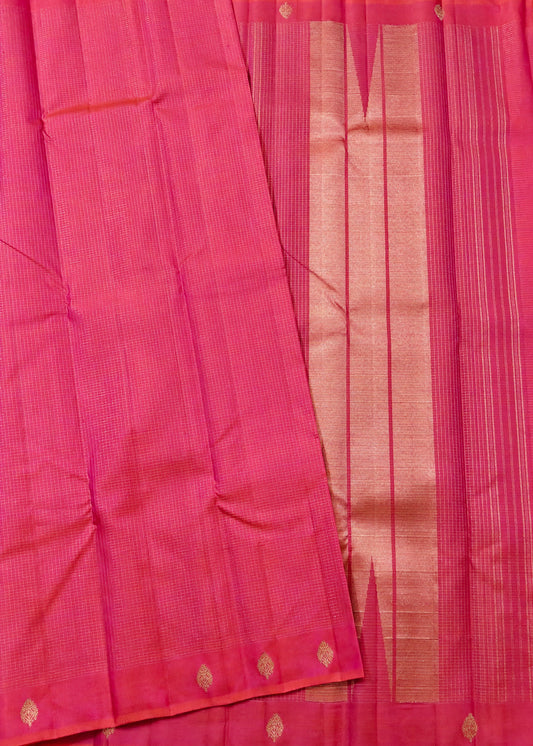Dual tone orange colour kanchivaram silk saree with zari checks all over