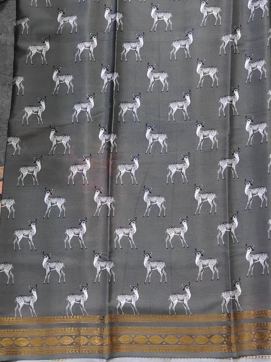 Grey Colour Mysore Crepe Silk Saree With Floral Digital Print All Over