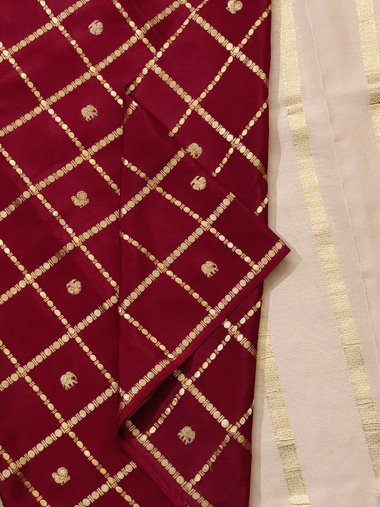 Maroon colour Mysore crepe silk saree with zari checks & ganda berunda motif all over