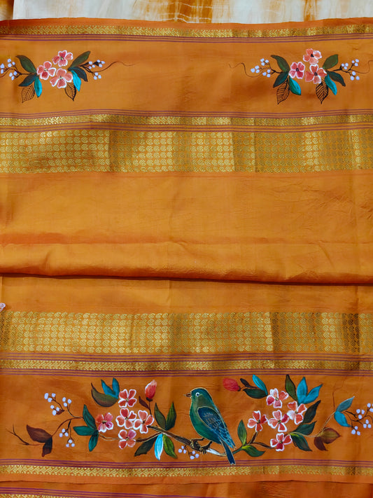 Cream & orange colour kanchivaram silk saree with shibori all over