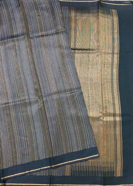 Black Colour Raw Silk With Zari Stripes All Over