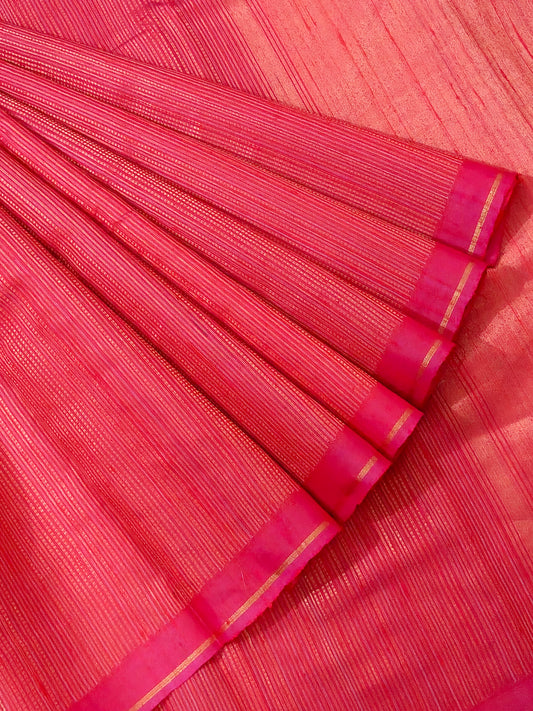 Reddish Orange Colour Raw Silk Saree With Zari Stripes All Over
