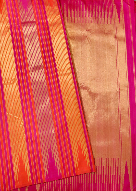 Orange And Pink Colour Kanchivaram Silk Saree With Zari Stripes All Over