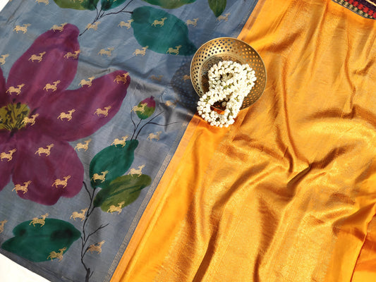 Grey colour pure zari kanchivaram silk saree with hand paint &amp; deer zari motif all over