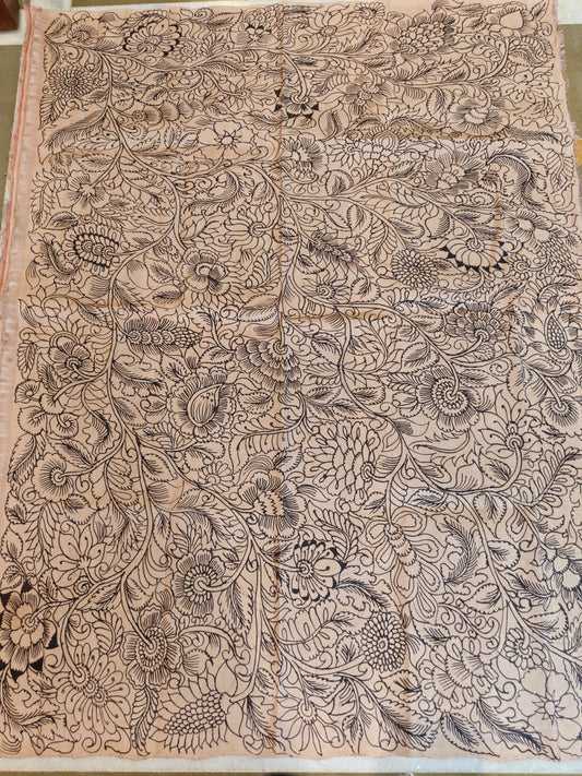 Cream & Brown colour ikkat silk saree with pen kalamkari & ikkat weaving all over