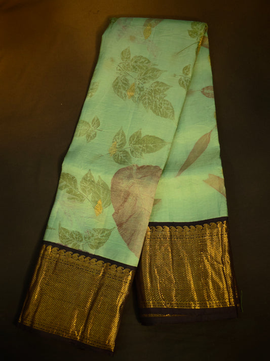Pastel green colour kanchivaram silk saree with eco print all over