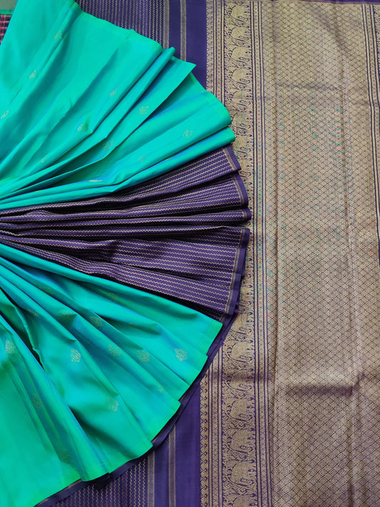 Purple & Turquoise Kanchivaram Silk Saree With Zari Motif