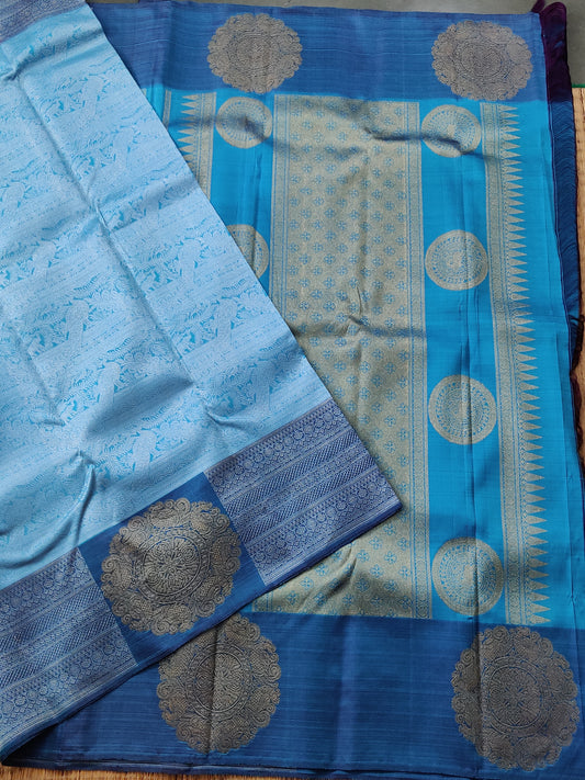 Sky Blue Kanchivaram Silk Saree With Silver Zari Motif All Over