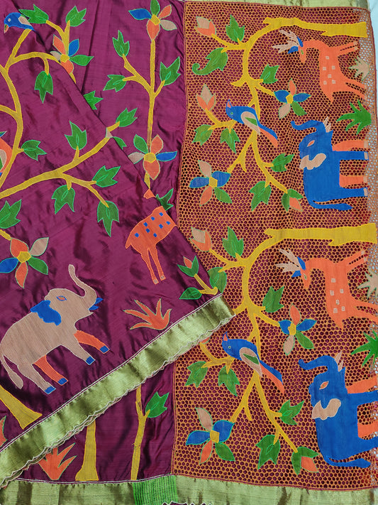 Maroon Colour Kanchivaram Silk Saree With Applique Work