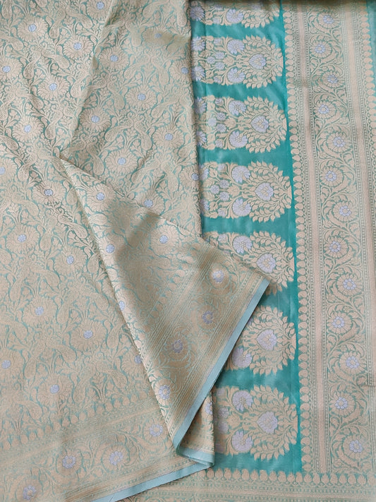 Pista green Colour Semi banarasi with zari brocade